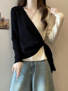 Unique V-neck Long Sleeve Knitted Sweater Womens Spring Autumn plus Size Slimming Cross Design European Style Top Small Shirt