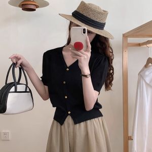 French Style Blue V-neck Short Sleeve Knitting Cardigan Womens Thin Short Waist-Controlled Base Knitwear Tops Tight Waist Shirt