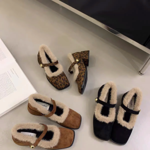 WANGGONGZHU | Princess Style Furry Lined Winter Booties Womens Thick Heel Anti-Slip Casual Shoes Korean Round Toe Buckle Design Synthetic Fur