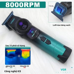 Máy Cắt Tóc Chuyên Nghiệp VGR V-946 Công Nghệ Làm Mát Bằng Đá Động Cơ Không Chổi Than 8000 Vòng/Phút Thân Kim Loại Lưỡi Dao DLC Xanh Dương Cắt Sát 0 Khoảng Cách