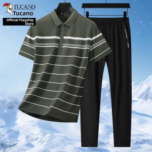 TUCANO | Cooling Ice Silk Polo Stripe Short Sleeve T-Shirt Two-Piece Set Men