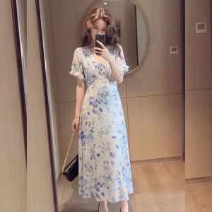 YIKEMAI | French Romantic Puff Sleeves Floral V-Neck Waist-Accentuating Long Dress