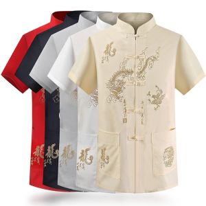 唐装汉服古装 Chinese Style Cotton Linen Embroidery Dragon Shirt Plus Size Tops Men CNY T-shirt Short Sleeve Blouse Chinese New Year Clothes Mens Traditional Wear Tang Suit SamFu