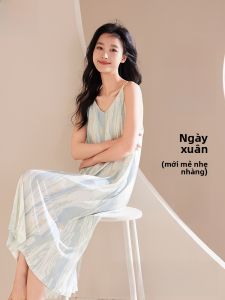 MiiOW | Đồ ngủ lụa băng mùa hè cho nữ MiiOW Cat Person V-neck không tay dài đến giữa váy quần áo mặc nhà thoáng khí thoải mái