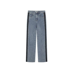 Washed Denim Jeans Womens High Waist Slim Straight Long Pants Autumn New Fashion Color Collision Stretchy Casual Trousers