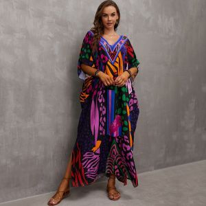Fall Style Colorful Printing Dress Bohemia Short Sleeve Pullover Blouse Loose Robe Womens Artsy Long Skirt
