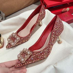 รองเท้าแต่งงานสีแดงสำหรับผู้หญิง ทรงหัวแหลม ทรงหัวมน รองเท้าแตะส้นสูงแบบสวมสบาย ดีไซน์เปิดหน้าเท้า สวมใส่สบาย