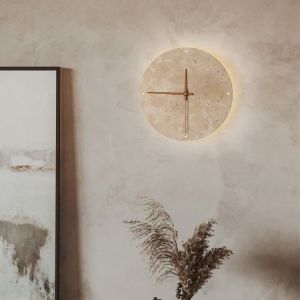 💥Dream Best🔥 Vintage Round Shape Natural Stone Clock Art Decoration LED Wall Lamp Bedroom Living Room Hotel Restaurant Decor Wall Clock 30*30cm