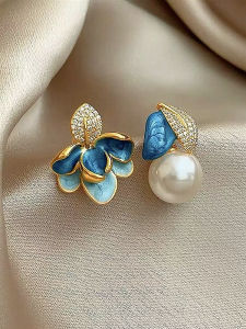 Symmetrical Enamel Summer Flowers Pearl Stud Earrings French Style Versatile Simple Micro-Set Zirconia High-End Atmosphere Womens Jewelry