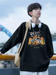 เสื้อยืดคอกลมแขนยาวผ้าฝ้ายแท้สำหรับผู้ชาย ทรงหลวม ทรงปกติ ระบายอากาศได้ดี ดูดซับเหงื่อ แฟชั่นฤดูใบไม้ร่วง 2025