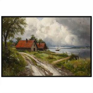 Tranh trời mưa phong cảnh bầu trời chuyển mưa với ngôi hàng ven bờ biển.Tranh treo tườngdán tường.CGI-1217
