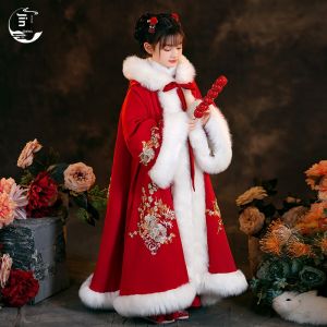 New Year Celebration Girls Hanfu Outfit Winter Coatcape Shoulder Wrap Childrens Outerwear Festive Design Polyester Fiber