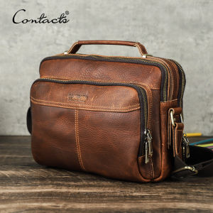 CONTACTS Genuine Leather Vintage Man Crossbody Bag Handbags Capacity Male Shoulder Bags Travel Business Casual Men Messenger Bag