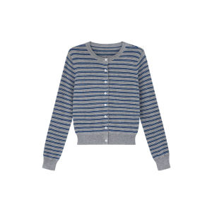 Color Block Striped Round Neck Slimming Knit Cardigan
