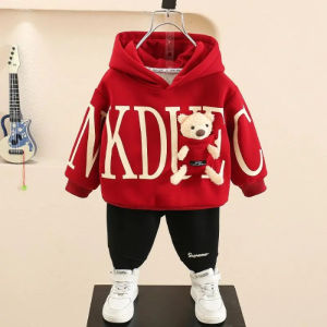 Boys Fleece-Lined Sweater Suit Autumn and Winter Style 2024 New Arrival Kids Thickened Clothes Baby Winter Clothes Sports Two-piece Set