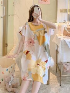 Artificial Cotton Nightdress Womens Summer Thin Short-Sleeved Cartoon Print Pajamas Plus Size Loose Dress Artificial Cotton Home Wear