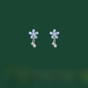 S925 Pure Silver Earrings with Blue Floral Design for Women Sweet Fresh Style Alloy Plated Gold Accessory from Japan and South Korea