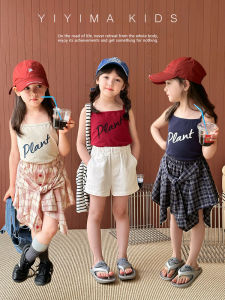 Childrens Summer Cool Feeling Casual Letter Print Camisole Vest Baby Girls Loose Fit Sleeveless Top Korean Style