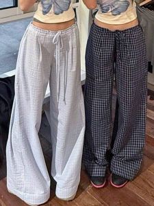 2025 New American Retro Blue Plaid Casual Pants Women Summer High Waist Lazy Walking Straight Leg Wide Leg Pants
