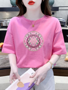 New Chinese Style Short Sleeve T-Shirt Womens Loose Fit Fashionable Anti-Aging Summer Top Pink round Neck Casual Print