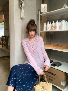 NIHAOKANONG | Áo Thun Mỏng Dáng Rộng Cổ V Buộc Dây cho Mùa Xuân/Hè