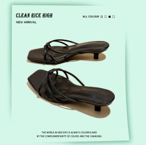 Elegant Black Slip-On Sandals Womens Summer New Style Exquisite Cat Heel Fashionable Ladies Cool Looking Open-Toe Shoes