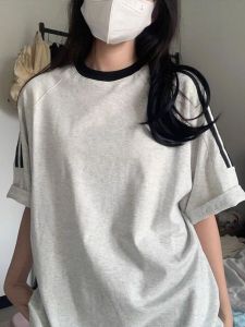 American Retro Three Bars Shoulder Short Sleeve T-Shirt Women Summer Pure Cotton Loose Korean Style Half Sleeve Design Sense Top