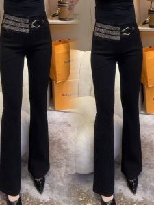 Spring 2025 Black Versatile Luxury Diamond Waist Bell Bottom Pants Stylish Casual High Waist Long Trousers for Women