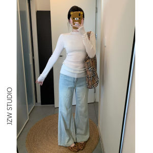 Ice Blue Bell Bottom Jeans Women Loose Slimming Natural Waist Floor Length Pants American Style Wear Resistant Spring Summer