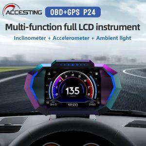P24 GPS kereta OBD OBD2 Meter pengimbas Digital penggera kelajuan tolok paparan Hud air temp RPM turbo boost