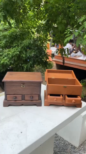 กล่องไม้สักแท้ 2 ลิ้นชัก + 1 ช่องเปิดบน (25x19cm) ตู้ใส่พระ กล่องเก็บเงิน หีบสมบัติไม้ มีสลักล็อค