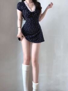 QINWEIYU | French Lace Trim Floral Print Mini Dress Womens Summer New Short Sleeve A-Line Skirt Waist Cinched Sweet Style Pure Color