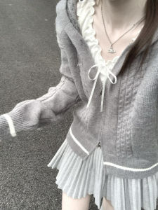 Áo Len Dệt Kim Màu Xám Có Mũ Trùm Đầu Cho Nữ Mùa Thu 2025 Áo Khoác Ngoài Mềm Mại Có Khóa Kéo Đôi Áo Len Cardigan Hở