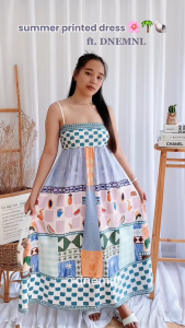 DNEMNLPH Azaleia Fun Print Shirred Back Cami BKK Dress - Trendy Maxi Long Taslan SquareNeck Sleeveless Vintage FreeSize