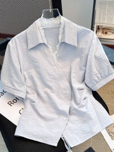 Design Sensation Lace Splice V-Neck Shirt Women Summer Slimming Top Short Sleeve Self-Preserving Style Korean Loose Fit Cotton