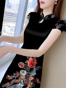 เสื้อชั้นในผ้าไหมพิมพ์ลายฤดูร้อนแบบปรับปรุงใหม่พร้อมกางเกงชั้นในและถุงมือกันแดด ทรงเอยาวปานกลาง สไตล์สง่างาม เส้นใยไตรอะซิเตท