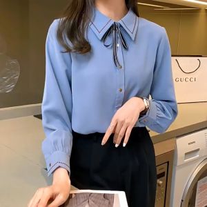 Temperament shirt fashion new bow tie lapel long sleeve lady design sense of niche blouse