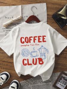 Womens Casual Round Neck Short Sleeve Coffee English Print T-Shirt Minimalist Design Versatile Daily Wear