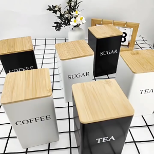 Coffee Tea Sugar Canister with Bamboo Lid Kitchen Canister Set Metal Food Storage Container Jar 3pc