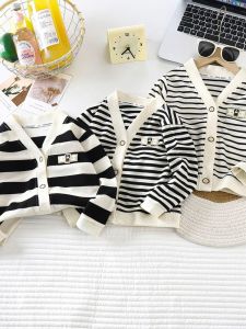 Autumn Childrens Knitted Open Cardigan Boys Girls Stripe Fashionable Outerwear Baby Sweater Long Sleeve Soft Korean Style