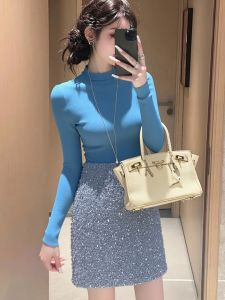 Elegant Blue Knitted Dress Set Autumn Winter High Waist A-Line Skirt Casual High Fashion Sensation Ladylike Goddess Style
