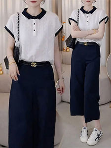 Shalldoer | Bộ đồ hai mảnh thường ngày mùa hè không giống ai Áo thun tay ngắn cổ đứng họa tiết sọc quần ống đứng vải polyester