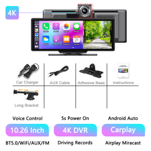 10.26 Car DVR 4K Dash Cam Wireless Carplay Android Auto Dual Lens Video Recorder Automobile Monitor Rearview Camera Dashboard