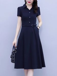 Slimming Waist High Waist Midi Dress Korean Style Short Sleeve Polo Collar A-Line Skirt for Middle-Aged Mothers Fashionable Vintage