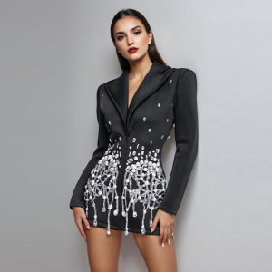 Đầm Mini Phối Kim Cương Thanh Lịch Dành Cho Nữ Có Cổ Áo Dài Tay Eo Cao Giảm Béo Kiểu Dáng Cổ Điển Chắc Chắn Đầm Khí Chất