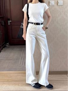สูง เอว ขากว้าง หลวม พอดีขาตรง กางเกง ผู้หญิง เดนิม กางเกงยีนส์ 175 Tall Version 180 สไตล์เกาหลี สีขาว ฤดูใบไม้ผลิ ฤดูใบไม้ร่วง