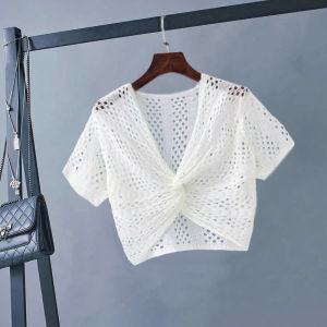 เสื้อคาร์ดิแกนผ้าไหมน้ำแข็งสำหรับผู้หญิงในช่วงฤดูร้อนปี 2025 เสื้อคลุมกันแดดแบบเปิดไหล่แขนสั้นทรงหลวมๆ สำหรับใส่ไปทำงาน