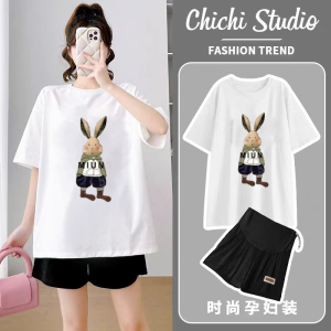 Summer Ice Silk Maternity Set Casual Short Sleeve Top plus Size Loose Fit Five-Point Sport Pants Comfortable Maternity Wear