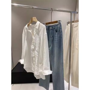 White Turn-Down Collar Light Loose Retro Style Sun-Protection Shirt