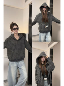 Black Striped Hoodie Jacket Womens New 2025 Autumn Unique Design Open Cardigan American Retro Top Korean Loose Fit Zipper
